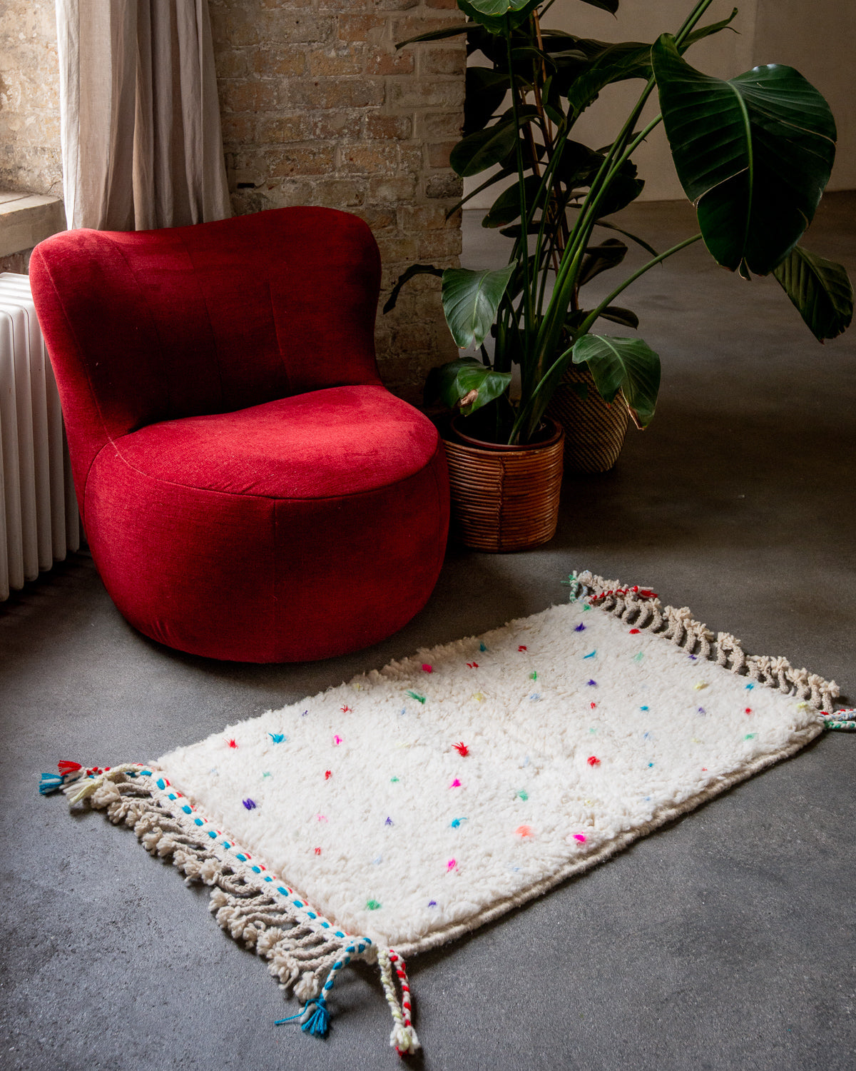 Modern, designer, handcrafted Berber rug from Morocco. Beniourain carpet with beautiful colours and patterns and fluffy wool texture.